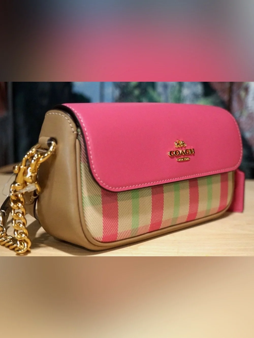 Coach Hailey Flap Crossbody Bag Plaid Print Pink Pastels Purse Gold Chain NWOT